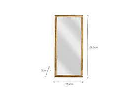 The nkuku Yadur Full Length Mirror in Antique Brass features a rectangular cast aluminium frame and measures 166.5 cm high, 75.5 cm wide, and 3 cm deep. It is shown upright with clear dimensions on a plain white background.