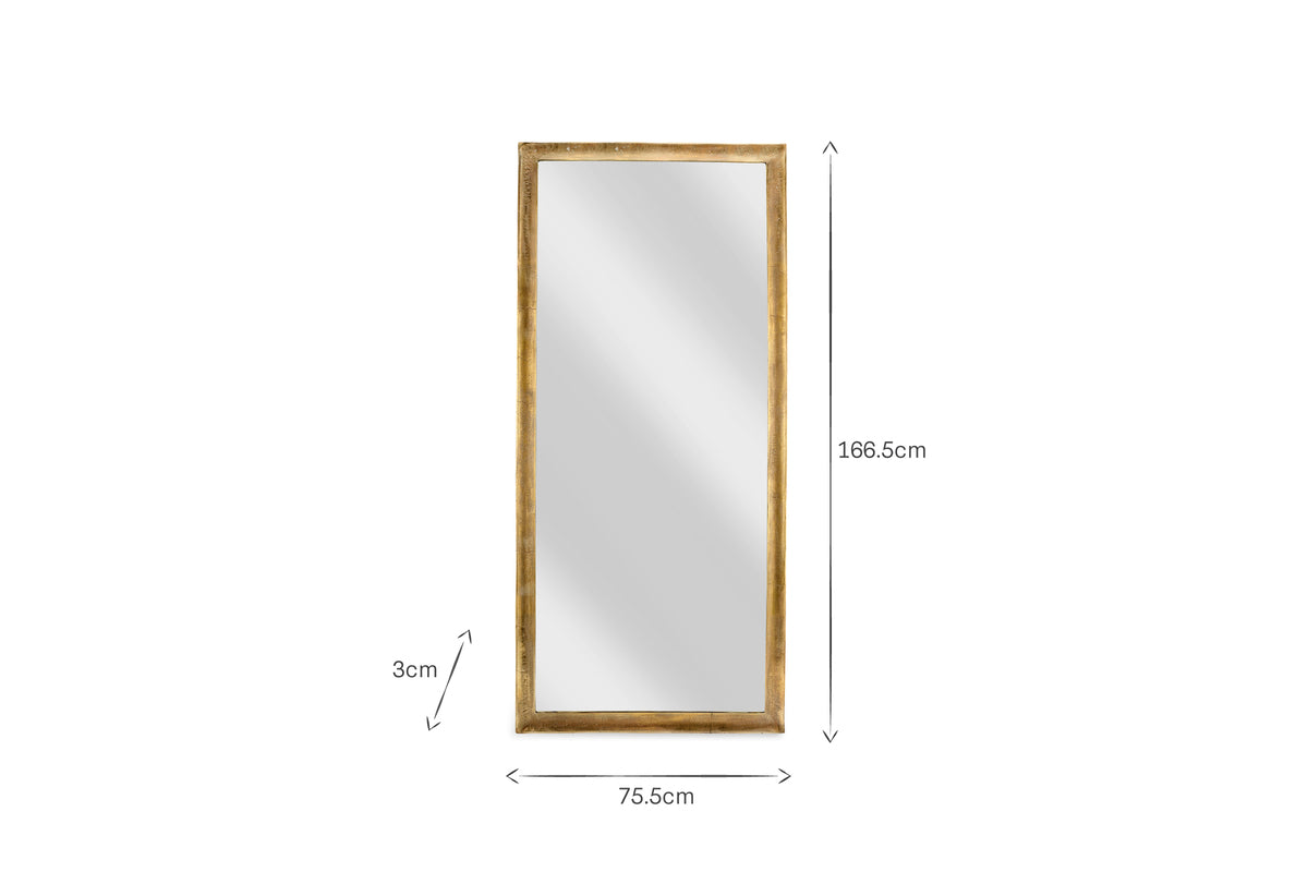 The nkuku Yadur Full Length Mirror in Antique Brass features a rectangular cast aluminium frame and measures 166.5 cm high, 75.5 cm wide, and 3 cm deep. It is shown upright with clear dimensions on a plain white background.