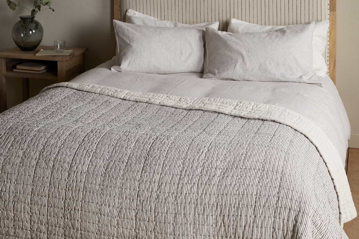 Dipti Cotton & Linen Block Print Bed Quilt - Charcoal-TEXTILES-Nkuku