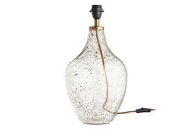 The Damini Recycled Glass Table Lamp by nkuku features a clear, bulbous base with a bubbled texture, brass neck, black socket, and visible cord. Crafted from recycled glass. Lampshade not included.