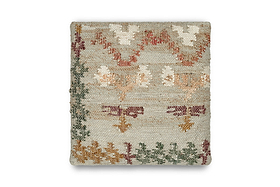 The Dantri Jute & Cotton Cushion Cover by nkuku features a woven, textured surface with geometric and floral patterns in soft grey tones, plus decorative borders on a light grey-beige background for a charming finish.
