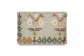 The Dantri Jute & Cotton Cushion Cover by nkuku features a soft grey handloom base, adorned with a rustic floral design in white, brown, green, and rust tones, plus leaf borders on the left and bottom for added charm.