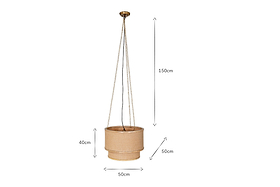 The nkuku Darat Mango Wood & Jute Pendant - Natural is a beige cylindrical hanging planter with gold chains, suspended 150 cm from a round ceiling mount. It measures 50 cm wide and 40 cm tall, shown against a plain white background.