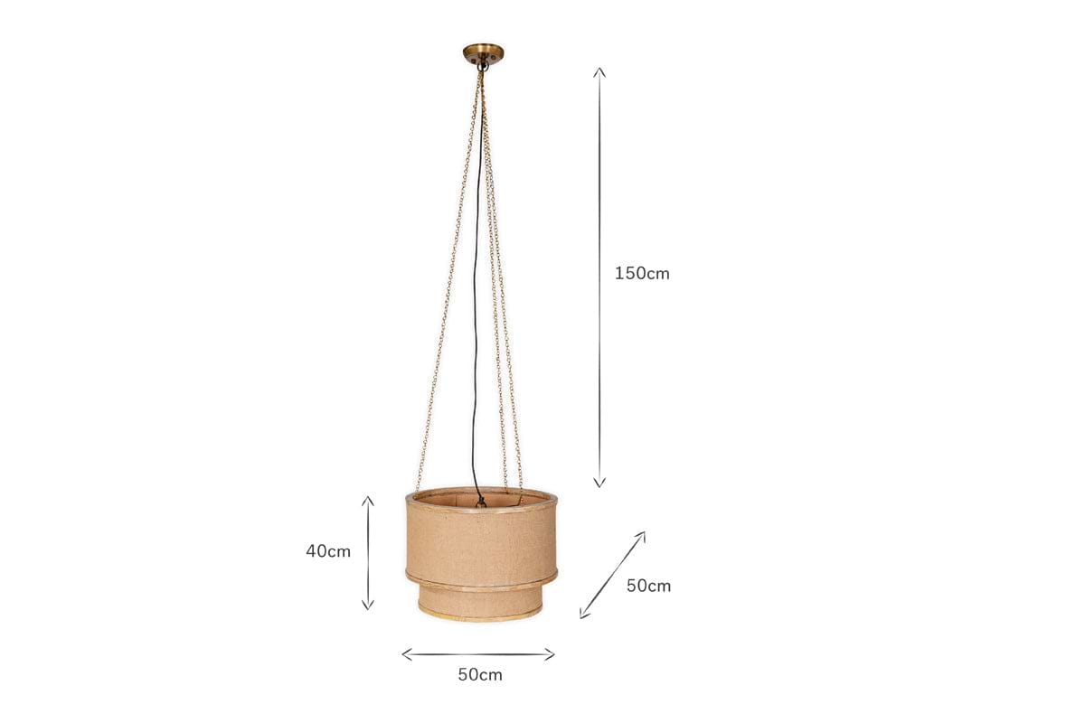 The nkuku Darat Mango Wood & Jute Pendant - Natural is a beige cylindrical hanging planter with gold chains, suspended 150 cm from a round ceiling mount. It measures 50 cm wide and 40 cm tall, shown against a plain white background.