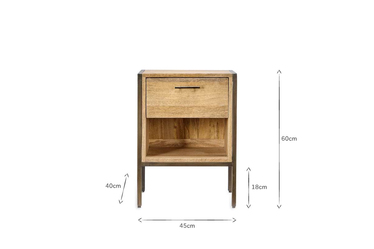 The nkuku Dasai Mango Wood Bedside Table has a black iron frame, one drawer, and an open shelf. Dimensions: 60cm high, 45cm wide; shelf at 40cm with 18cm space under the drawer. Shown on white background with dimension arrows.