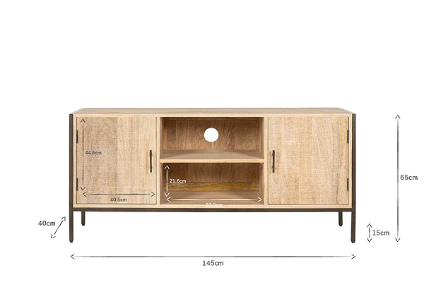 The nkuku Dasai Mango Wood Media Unit features light mango wood, black metal legs, two side doors, and open central shelves. Dimensions: 145cm W x 65cm H x 40cm D. Central shelves: 21.6cm H x 59cm W; side compartment: 44.6cm H.