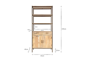 The Dasai Mango Wood Storage Unit by nkuku is a sustainable living room piece with black frame, two open shelves, two drawers, and a two-door cabinet. Measures 190cm H x 85cm W x 40cm D.