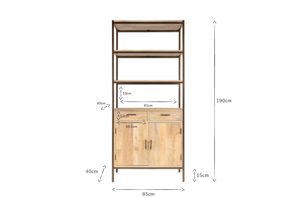 The Dasai Mango Wood Storage Unit by nkuku is a sustainable living room piece with black frame, two open shelves, two drawers, and a two-door cabinet. Measures 190cm H x 85cm W x 40cm D.