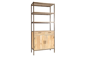The Dasai Mango Wood Storage Unit by nkuku features a metal frame, light mango wood accents, two open shelves, two drawers, and a cabinet with black handles—ideal for stylish, modern living room storage.