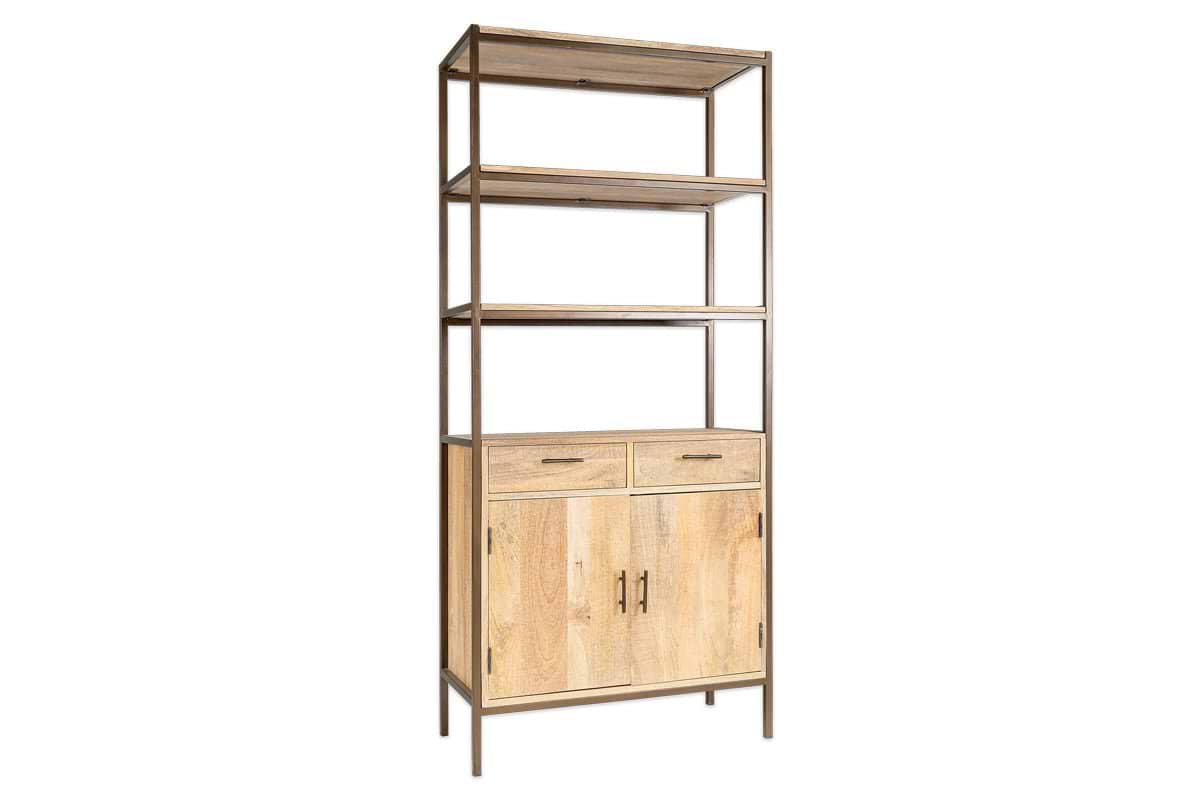 The Dasai Mango Wood Storage Unit by nkuku features a metal frame, light mango wood accents, two open shelves, two drawers, and a cabinet with black handles—ideal for stylish, modern living room storage.