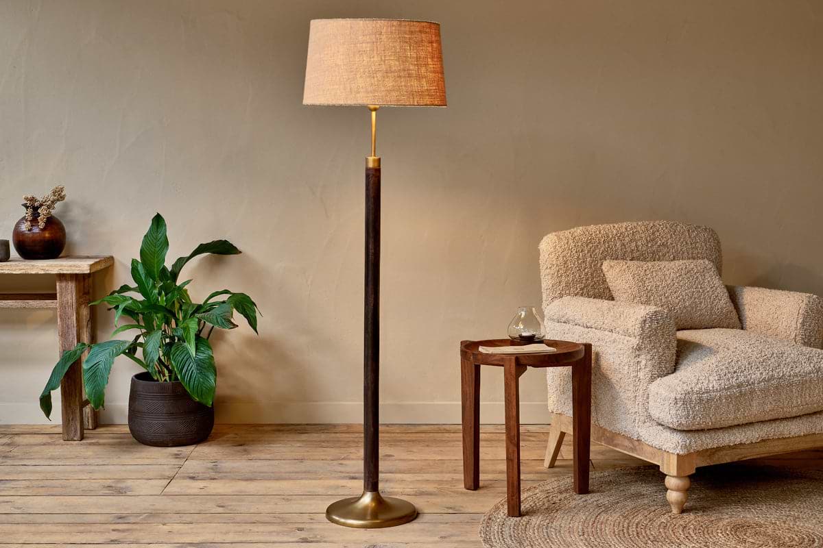 Digha Wood & Metal Floor Lamp - Dark Stain & Antique Brass-LAMPS-Nkuku