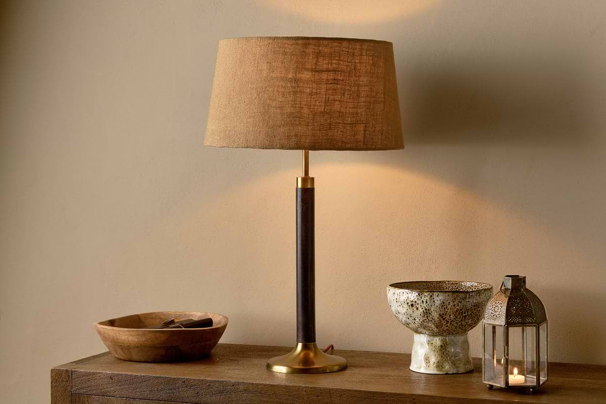 Digha Wood & Metal Table Lamp - Dark Stain & Antique Brass-LAMPS-Nkuku