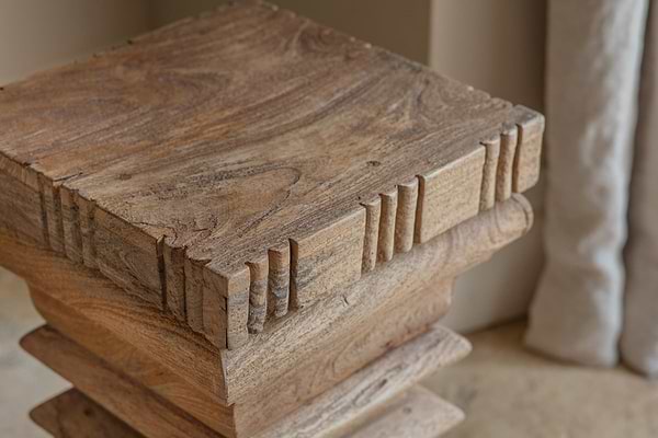 Close-up of the nkuku Disha Carved Mango Wood Side Table - Natural, featuring a square shape with hand-carved, notched edges and a natural finish that highlights the wood’s knots and grain patterns. Set against a neutral background with soft lighting.