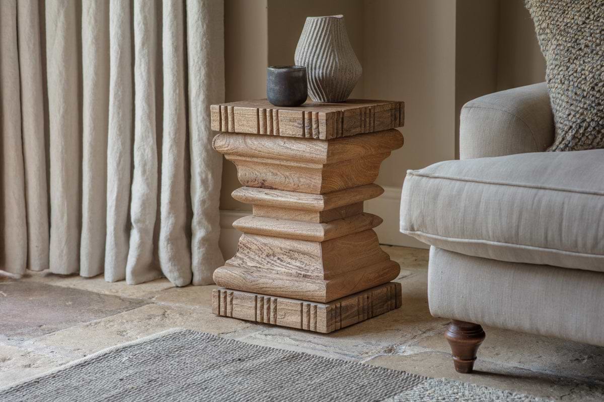 Disha Carved Mango Wood Side Table - Natural-TABLES-Nkuku