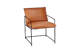 The nkuku Durium Leather Lounger - Aged Tan features a tan leather seat and backrest, minimalist iron frame, and slim armrests, combining modern style with industrial design against a sleek white backdrop.