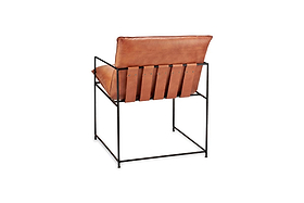The nkuku Durium Leather Lounger - Aged Tan features a brown leather seat and backrest with wide leather straps, set on an industrial iron frame with a slim minimalist design. The chair is photographed against a white background.