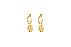 The Esta Hoop Earrings - Gold by nkuku feature textured, hammered oval pendants hanging from each shiny hoop, offering a simple and elegant handcrafted style. Shown in one size against a plain white background.