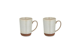 The nkuku Edo Mug - Large - Terracotta (Set of 2) features off-white ceramic mugs with brown terracotta bases and curved handles, all showcased against a white background for a smooth, refined look.