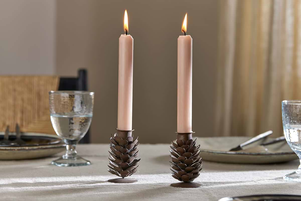 Elagalu Pine Cone Candle Stick - Rust (Set of 2)-CHRISTMAS DECORATIONS-Nkuku