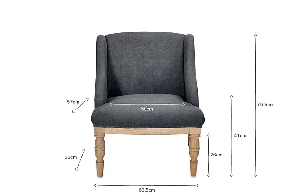 The nkuku Elbu Deconstructed Linen Armchair - Charcoal is front-facing, showing dark grey linen upholstery and mango wood legs. Dimensions: chair height 76.5cm, leg height 26cm, seat height 41cm, width 63.5cm, seat width 50cm, backrest height 57cm.