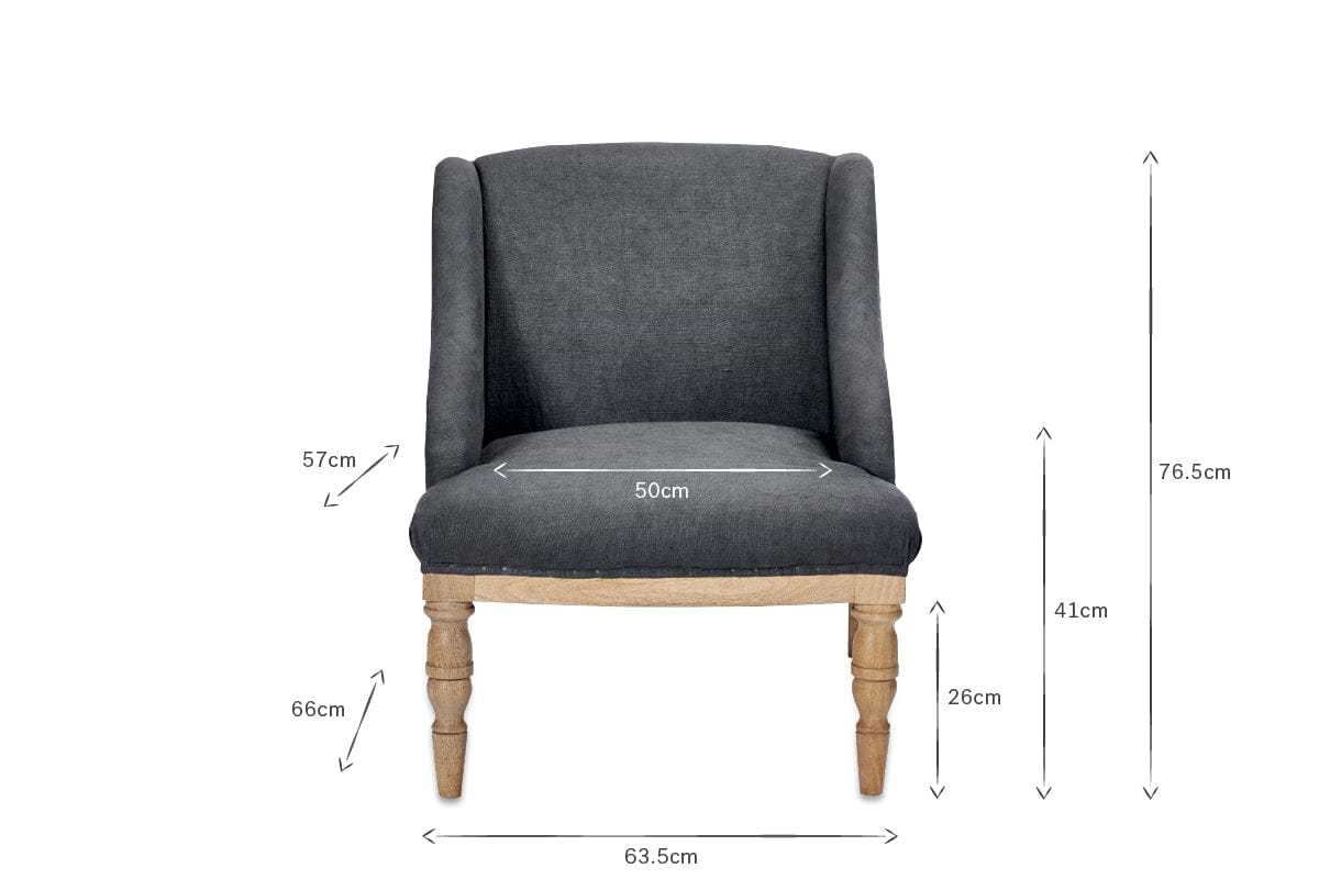 The nkuku Elbu Deconstructed Linen Armchair - Charcoal is front-facing, showing dark grey linen upholstery and mango wood legs. Dimensions: chair height 76.5cm, leg height 26cm, seat height 41cm, width 63.5cm, seat width 50cm, backrest height 57cm.