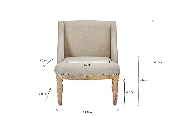 The nkuku Elbu Deconstructed Linen Armchair in Stone features beige linen upholstery, turned mango wood legs, and measures 50cm seat width, 57cm seat depth, 66cm leg height, 26cm seat height, 41cm arm height, 76.5cm H x 63.5cm W.
