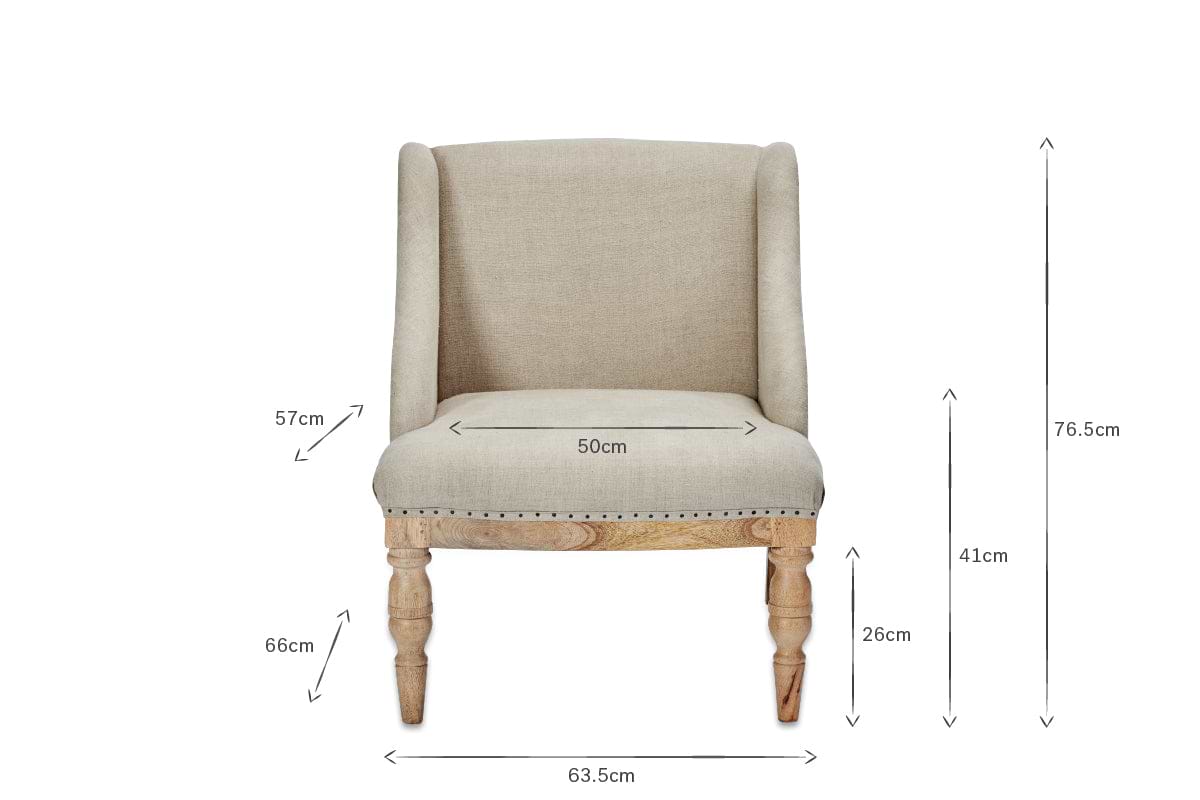 The nkuku Elbu Deconstructed Linen Armchair in Stone features beige linen upholstery, turned mango wood legs, and measures 50cm seat width, 57cm seat depth, 66cm leg height, 26cm seat height, 41cm arm height, 76.5cm H x 63.5cm W.