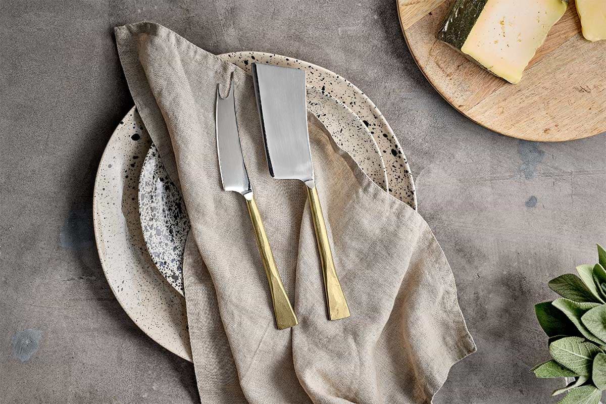 Ena Cheese Knife Set - Brushed Gold (Set of 2)-SERVEWARE-Nkuku