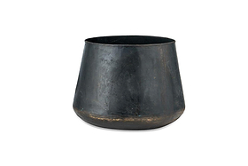 The Endo Reclaimed Iron Planter by nkuku is a black, metallic, cylindrical planter with gently sloping sides and a matte finish. Made from recycled iron, it features subtle scratches for a rustic, industrial look against a white background.