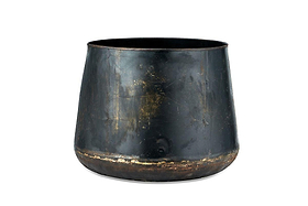The Endo Reclaimed Iron Planter by nkuku is a wide, cylindrical black pot crafted from reclaimed iron with a matte finish, featuring rustic scuffs, gold and brown accents near the base—perfect as a unique garden planter against white backgrounds.