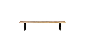 The nkuku Fia Bench features a minimalist, functional design with a natural light brown mango wood seat and two black angular legs at each end, shown against a plain white background.