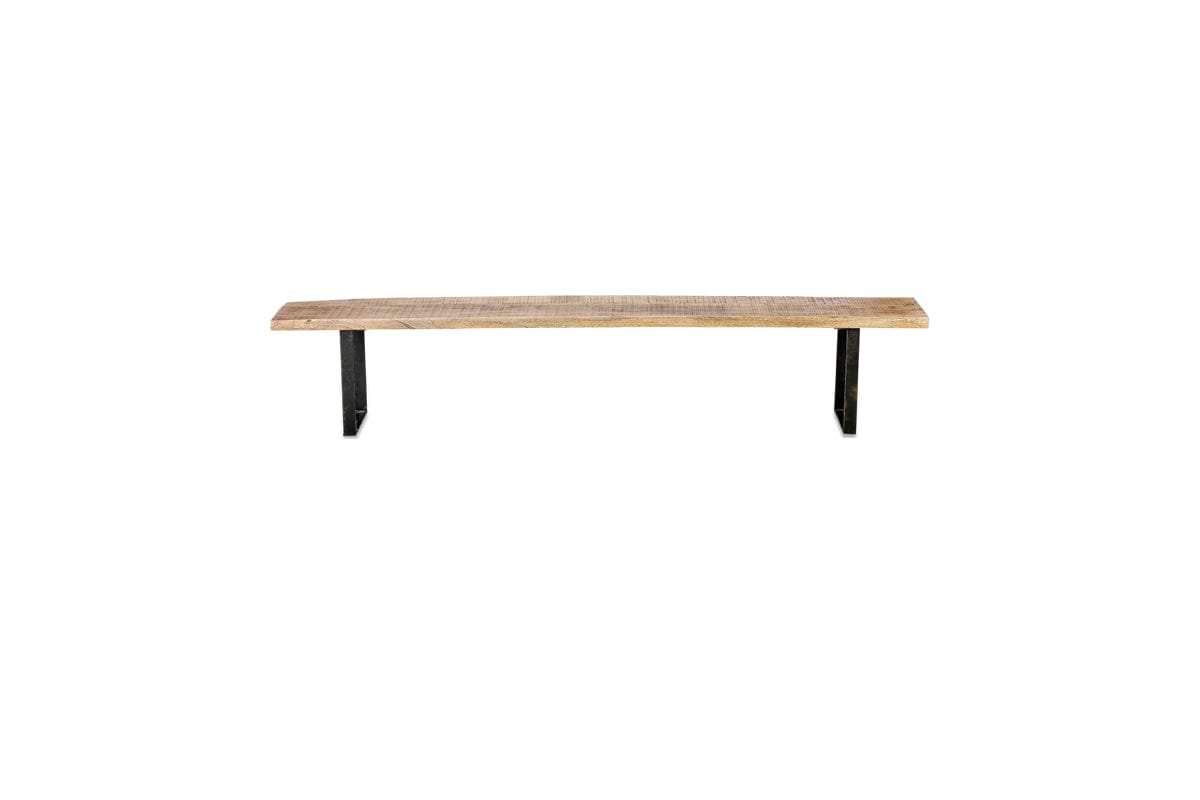 The nkuku Fia Bench features a minimalist, functional design with a natural light brown mango wood seat and two black angular legs at each end, shown against a plain white background.
