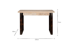 The nkuku Fia Mango Wood Desk - Natural is shown from the front, featuring a light mango wood top, dark legs, two drawers, and labeled dimensions: 75cm high, 120cm wide, and 60cm deep. The background is white.
