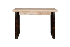 The Fia Mango Wood Desk - Natural by nkuku features a slim light mango wood top, one front drawer, and dark metal legs in an open rectangular frame for a minimalist, industrial look.