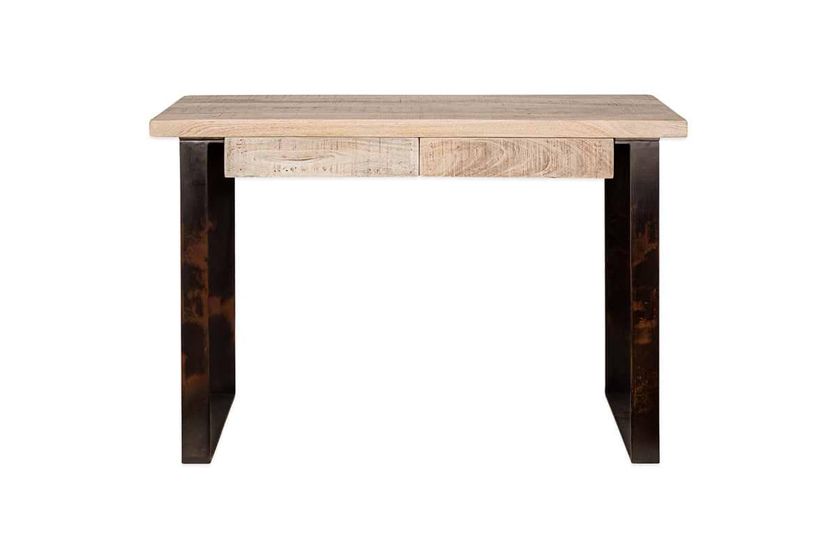 The Fia Mango Wood Desk - Natural by nkuku features a slim light mango wood top, one front drawer, and dark metal legs in an open rectangular frame for a minimalist, industrial look.