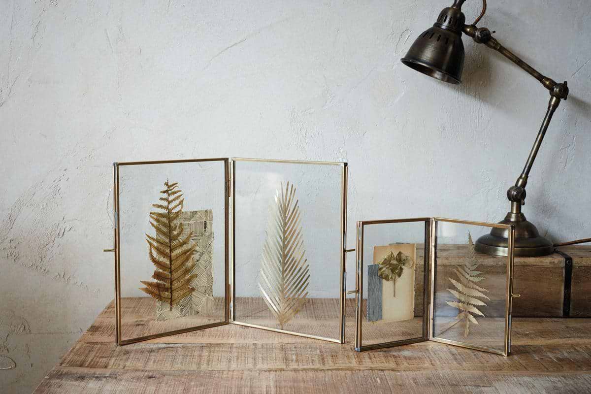 A rustic wooden table displays three Folded Danta Frame - Antique Brass by nkuku with pressed botanicals. A vintage bronze desk lamp with an adjustable arm sits behind the frames, near a textured light gray wall.