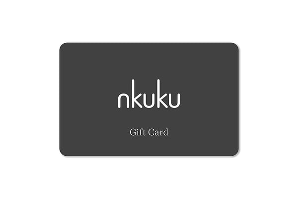 A dark gray rectangular E-Gift Card from Nkuku features "nkuku" in bold white lowercase letters at the center, with "Gift Card" beneath it. The card has rounded corners and a clean, minimalist design.