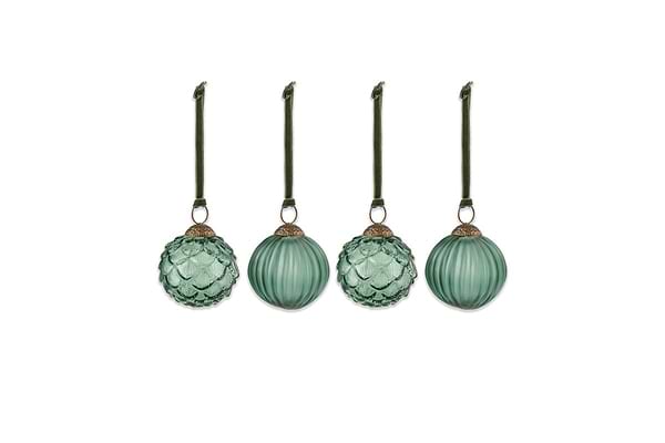 The nkuku Hara Baubles - Green (Set of 4) features four green glass ornaments—two with a faceted texture and two ribbed, each topped with metal caps and green ribbons—ideal for Christmas decorating.