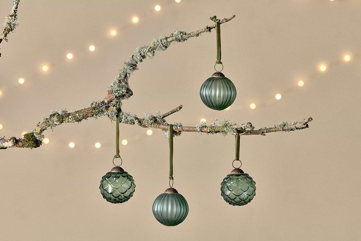 Hara Baubles - Green (Set of 4)-CHRISTMAS DECORATIONS-Nkuku
