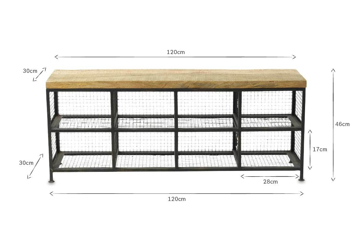 The nkuku Hasa Industrial Storage Bench features a solid mango wood top, black metal wire mesh frame, and 8 open compartments across 2 rows. Dimensions: 120cm W x 46cm H x 30cm D; each compartment is 28cm wide—ideal for hallway storage.
