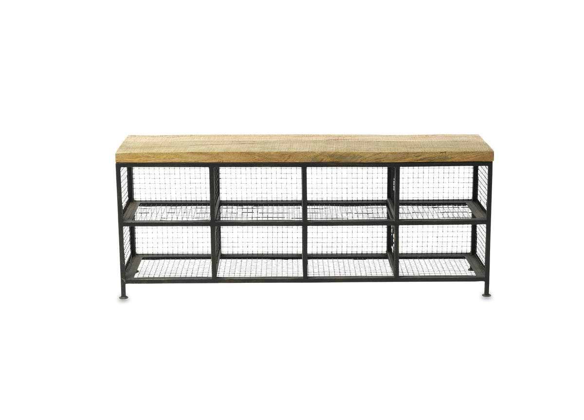 The nkuku Hasa Industrial Storage Bench features a rustic mango wood top, black metal frame, and four open compartments with mesh fronts—ideal for hallway storage or organizing shoes.