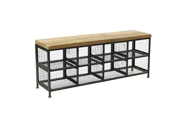 The nkuku Hasa Industrial Storage Bench features a long mango wood top, black metal mesh shelves, and four sturdy metal legs—ideal for hallway storage with its rustic industrial design.