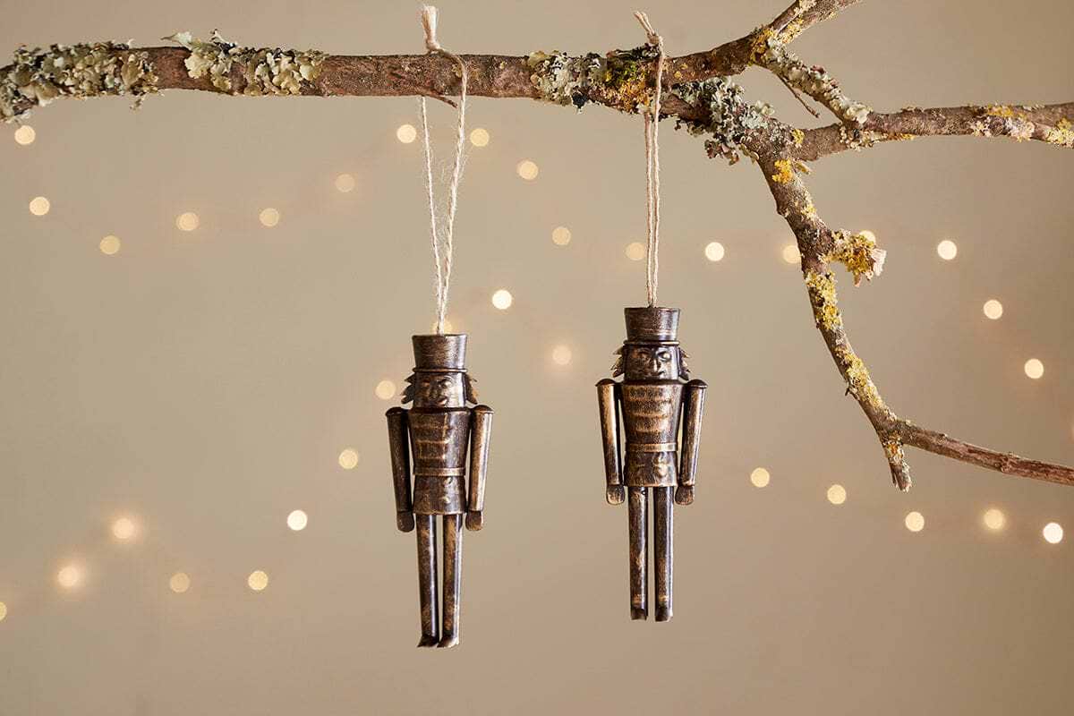 Imay Nutcracker Baubles - Antique Brass (Set of 2)-CHRISTMAS DECORATIONS-Nkuku
