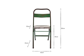 A front view of the nkuku Ishan Reclaimed Folding Chair shows its green metal frame with a rustic finish and labeled seat/backrest. Dimensions: 80cm height, 40cm width, seat 35cm wide, seat height 48cm, folded height 46cm. White background.