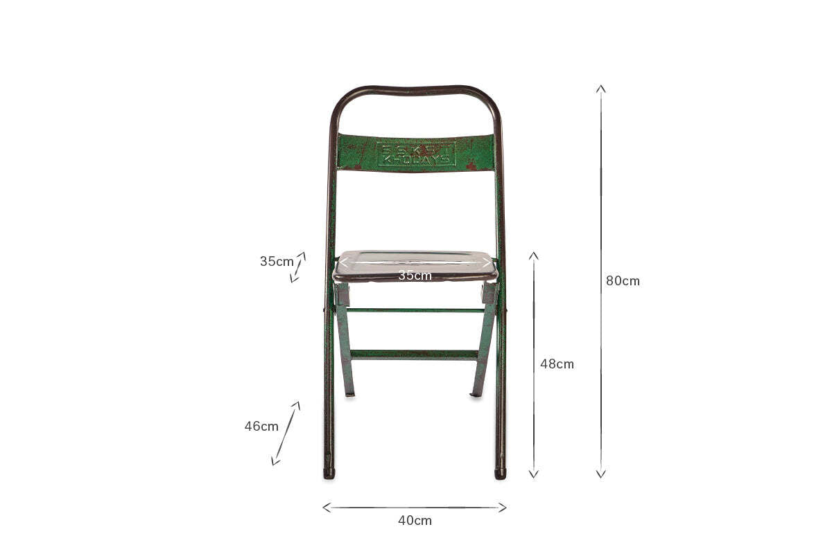 A front view of the nkuku Ishan Reclaimed Folding Chair shows its green metal frame with a rustic finish and labeled seat/backrest. Dimensions: 80cm height, 40cm width, seat 35cm wide, seat height 48cm, folded height 46cm. White background.