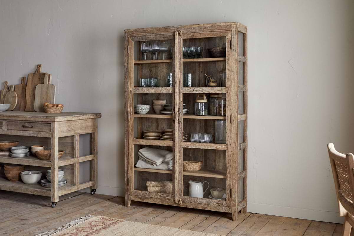 Ibo Reclaimed Wood & Glass Cabinet - Natural - Wide-STORAGE FURNITURE-Nkuku