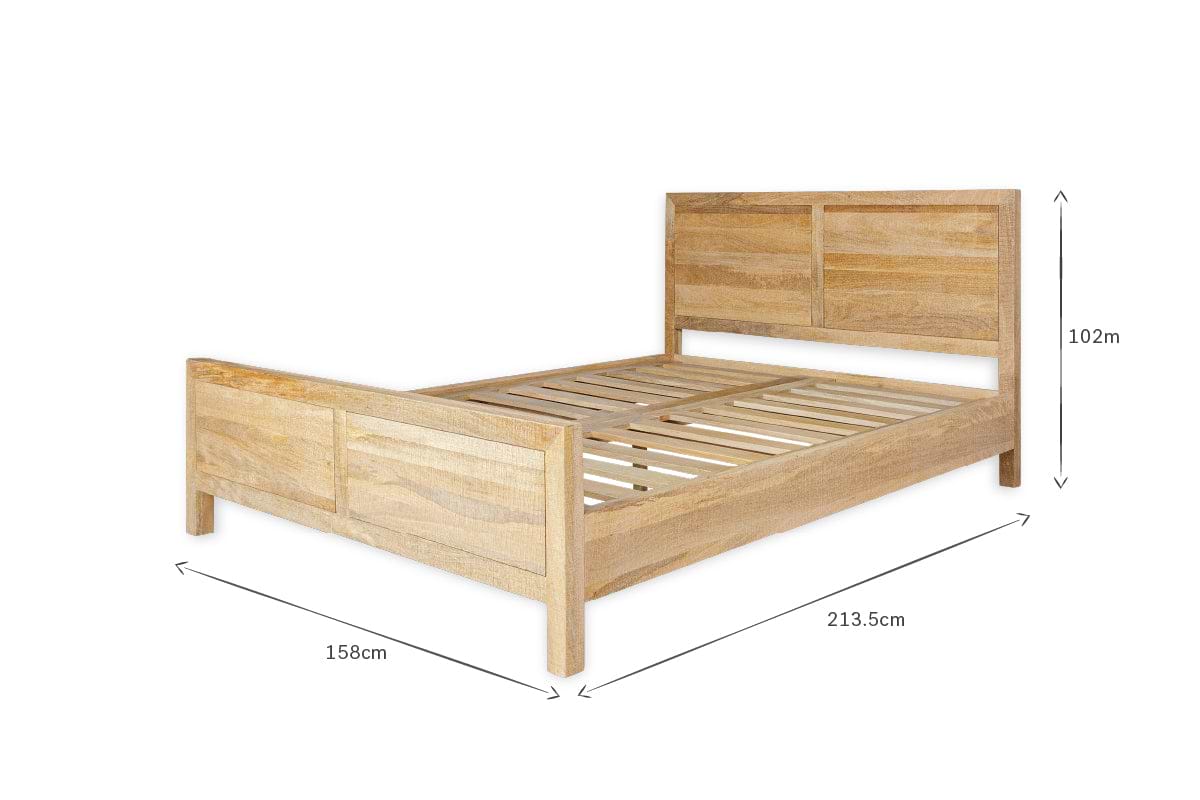 The Indali Mango Wood Bed - Natural by nkuku features a slatted base, tall rectangular headboard, and lower footboard in light-finished mango wood. Dimensions: 158cm W x 213.5cm L x 102cm H (headboard).