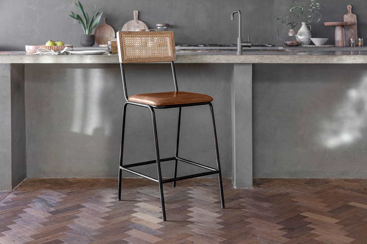 Iswa Leather & Cane Counter Chair - Aged Tan-SEATING-Nkuku