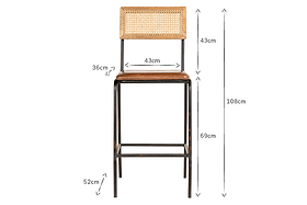 The Iswa Leather & Cane Counter Chair by nkuku features an aged tan finish, woven cane back, wooden seat, and black metal legs. Dimensions: seat 43x36cm, backrest 43cm, seat height 69cm, total height 108cm, base width 52cm.