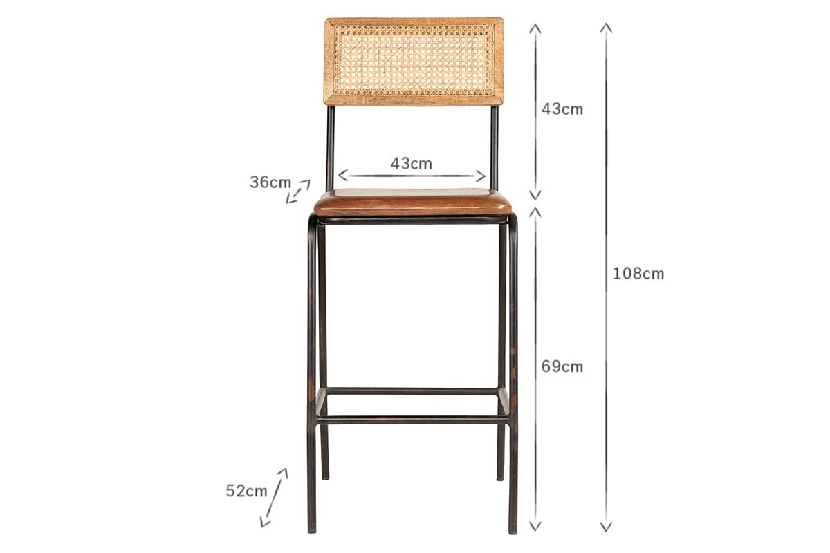 The Iswa Leather & Cane Counter Chair by nkuku features an aged tan finish, woven cane back, wooden seat, and black metal legs. Dimensions: seat 43x36cm, backrest 43cm, seat height 69cm, total height 108cm, base width 52cm.